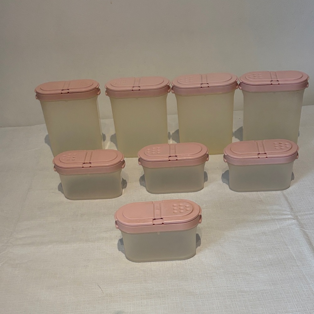 8 Vintage Tupperware Spice Containers with Pink Lids